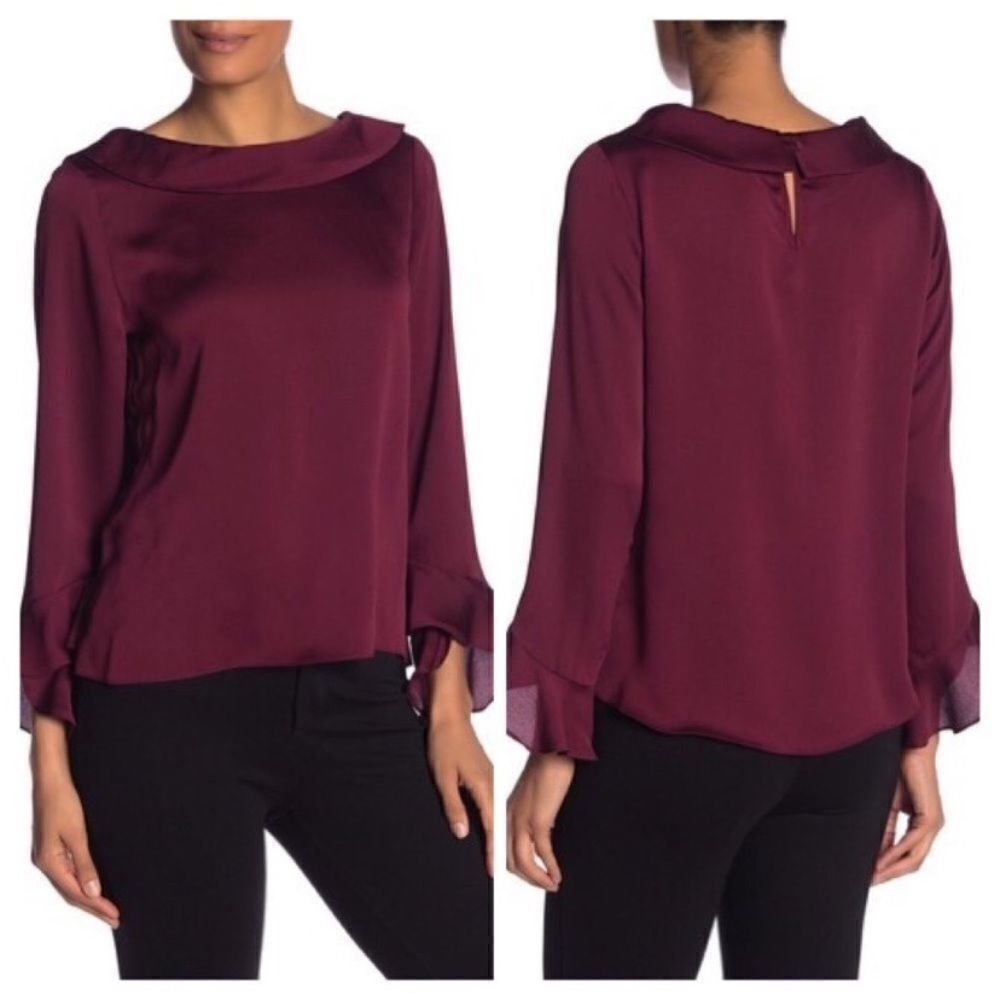 Vince Camuto Flutter Cuff Hammered Satin Blouse Size XXS